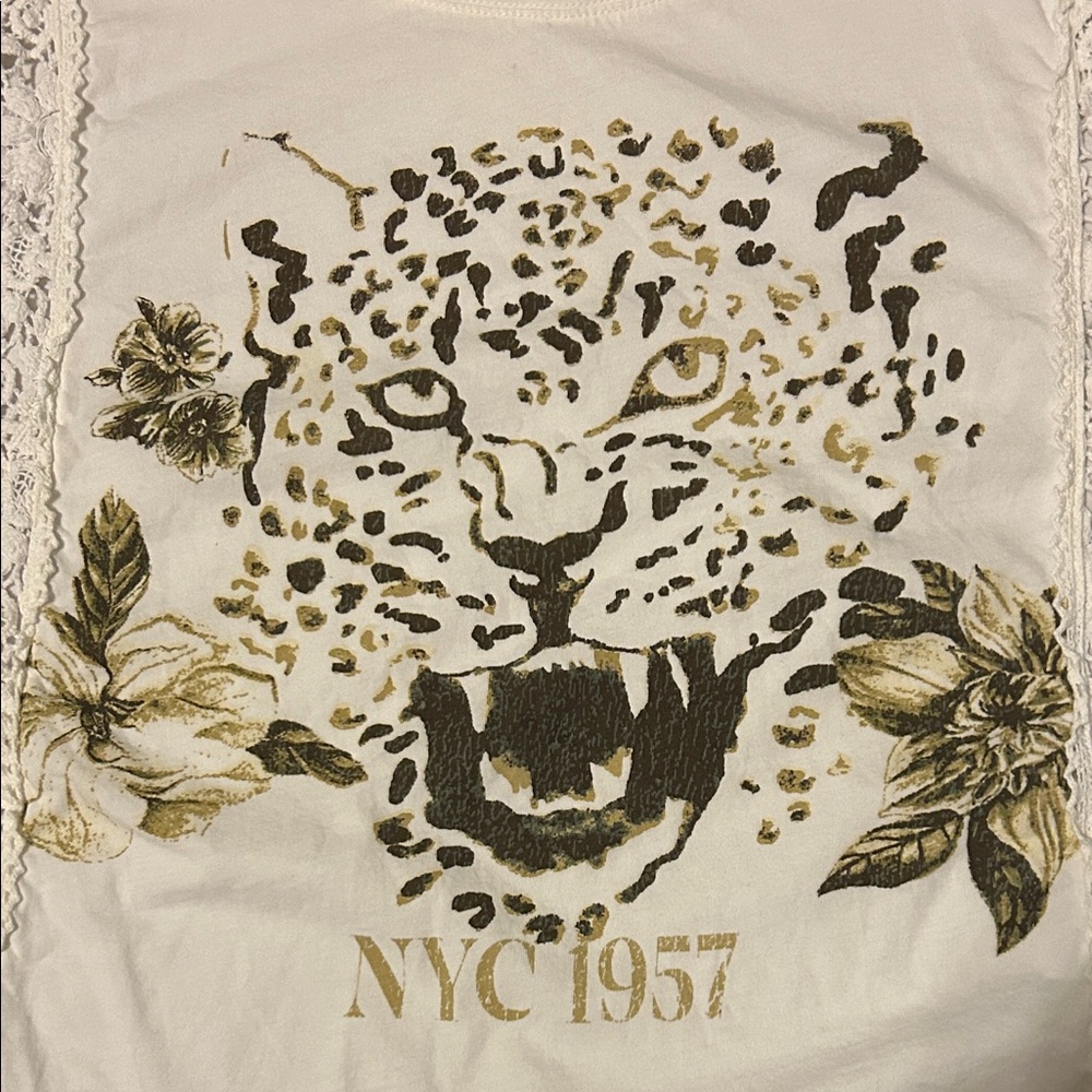 Anthropology Pilcro White Lace Leopard Graphic Crop Top with crochet accent. - Picture 2 of 8